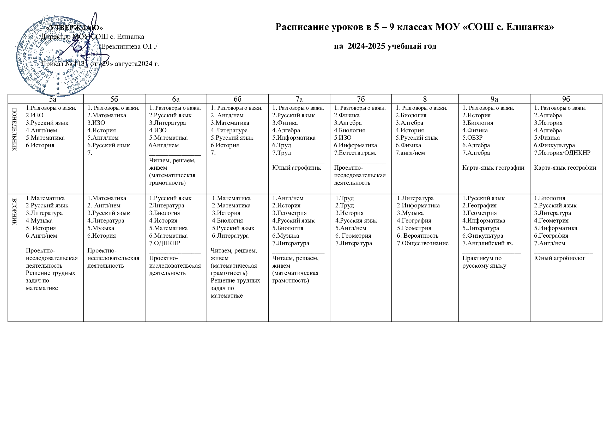 расписание уроков в 5-9 класса на 2024-2025 учебный год