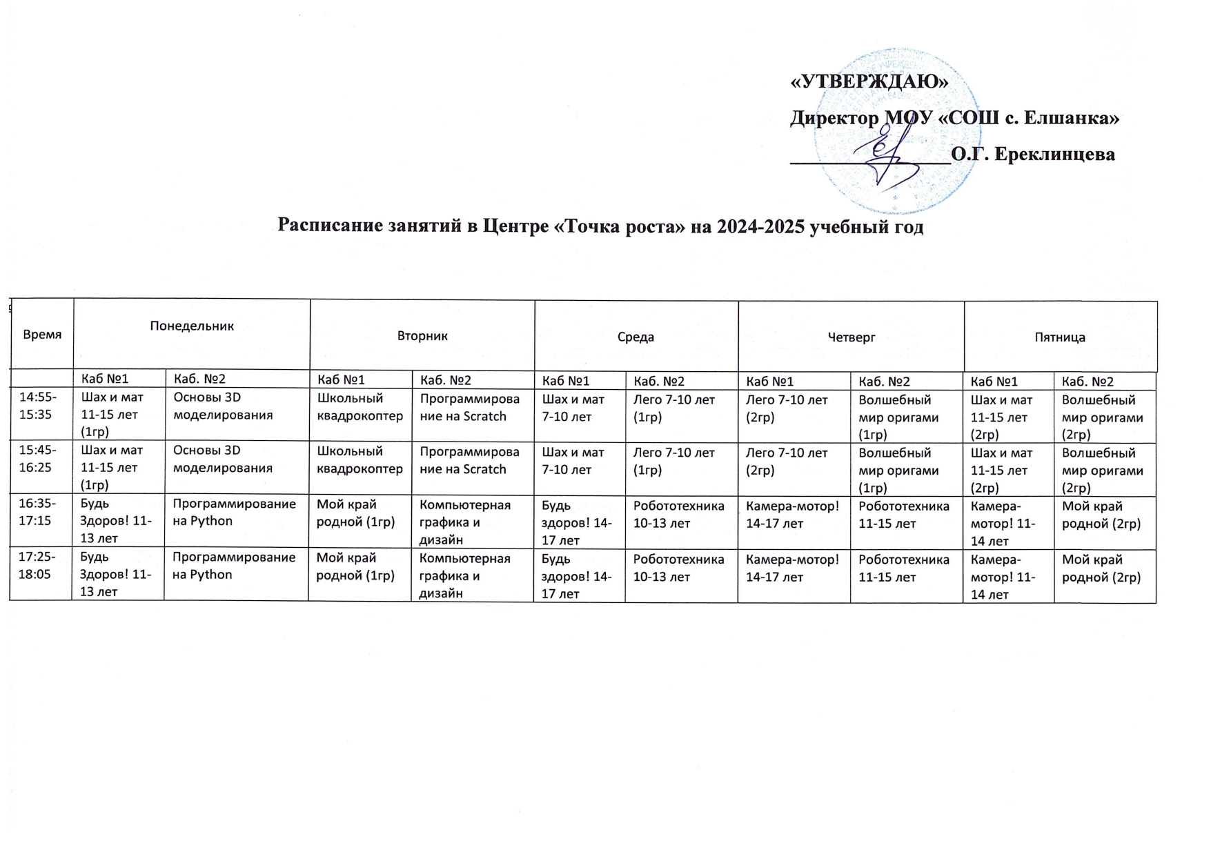 Расписание занятий Точки роста на 2024-2025 учебный год